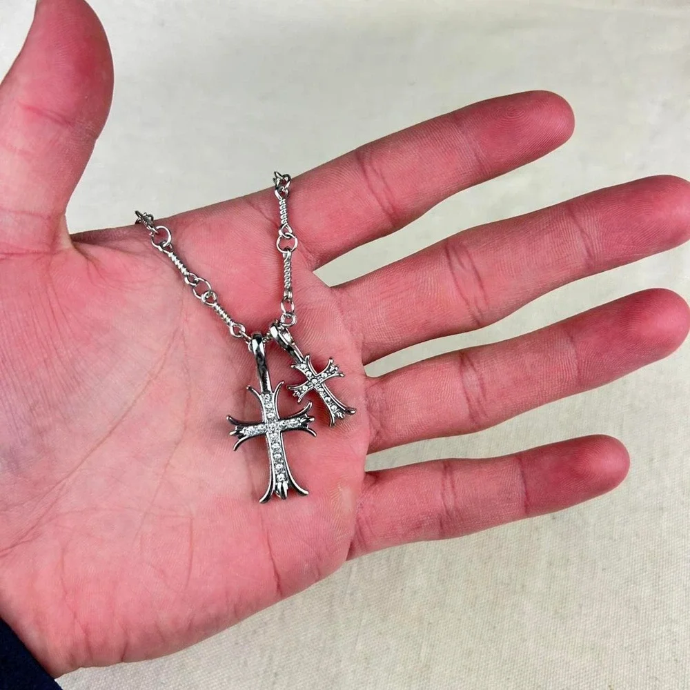 Vintage Y2K silver double cross opium style necklace diamond chain